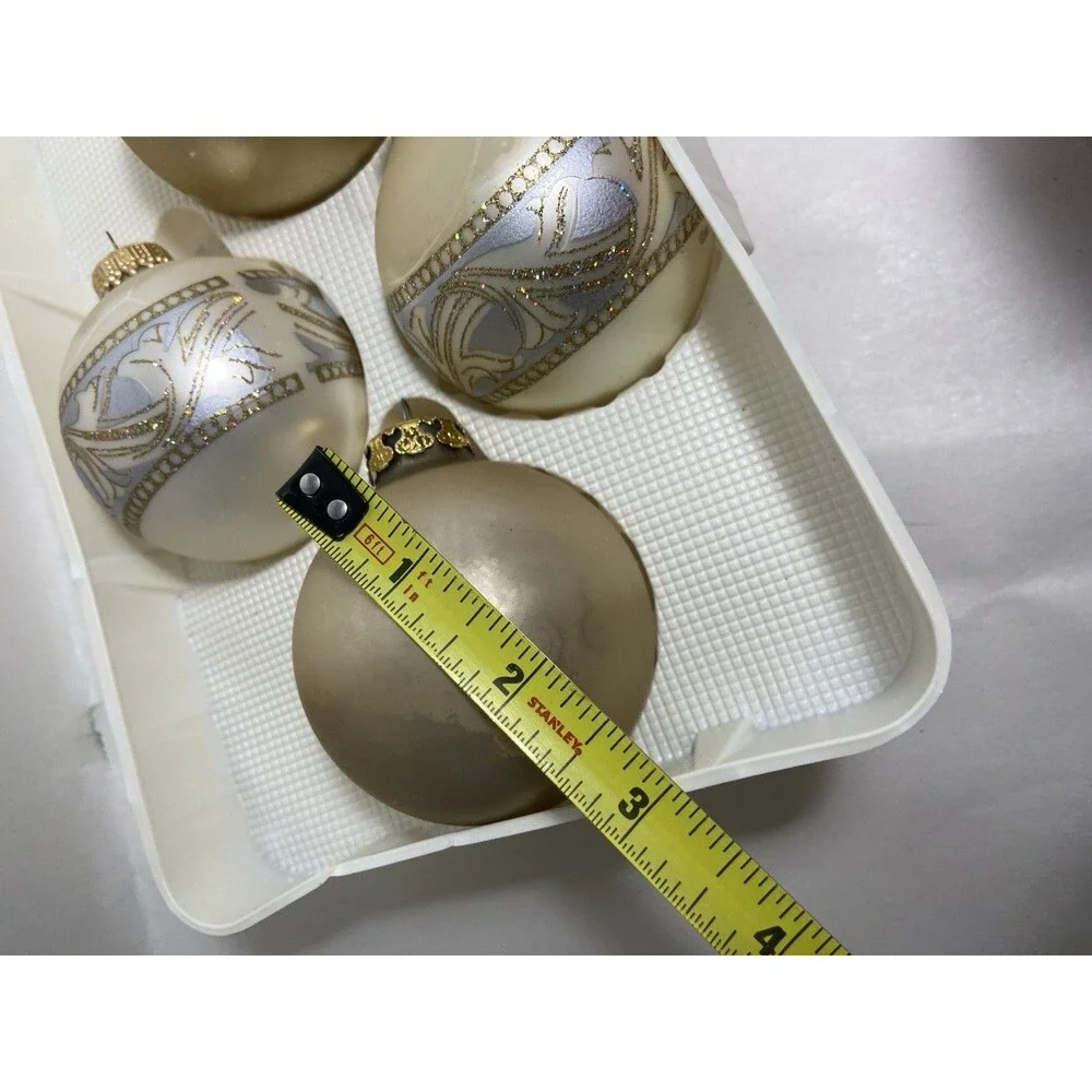 4 Vintage Gold  and Decorated Balls in Box 2.5 inch Not Perfect